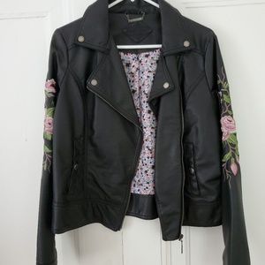 Floral Embroidered Faux Leather Jacket